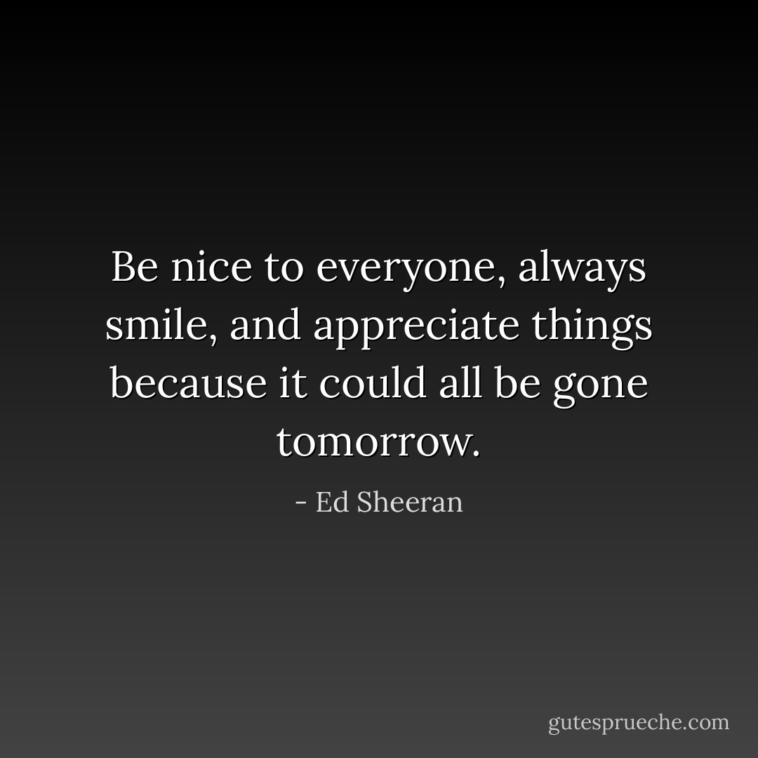 Be nice to everyone, always smile, and appreciate things because it could all be gone tomorrow. - Ed Sheeran