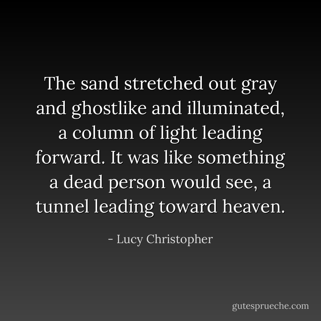 The sand stretched out gray and ghostlike and illuminated, a column of light leading forward. It was like something a dead person would see, a tunnel leading toward heaven. - Lucy Christopher