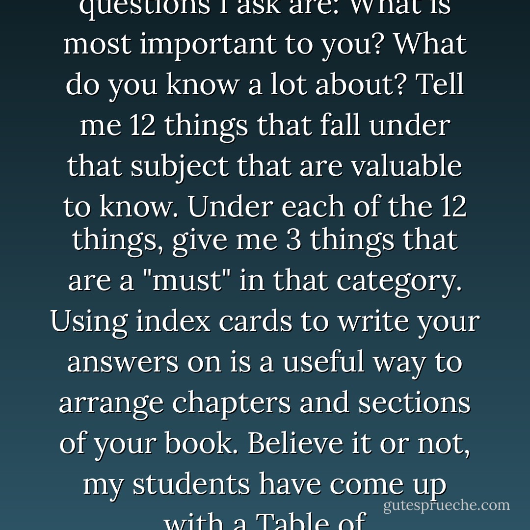 The easiest way to write a book is to use the Table of Contents as an outline. People get stuck when they think in terms of writing a book. Do not let this delay you. There are a lot of book outline writing software’s available today, but I personally believe they have the potential to cause more distraction then assistance. <br />The best possible outlines have come from pure "flow". I advise my clients to do a simple process of setting the timer for 2 minutes and just writing. I ask that they write everything that pops into their heads without thought or judgment on the subject. The questions I ask are: What is most important to you? What do you know a lot about? Tell me 12 things that fall under that subject that are valuable to know. Under each of the 12 things, give me 3 things that are a "must" in that category. Using index cards to write your answers on is a useful way to arrange chapters and sections of your book. Believe it or not, my students have come up with a Table of Contents/outline in less than 10 minutes using this method. Our greatest block is that we tend to over think things too much. We over analyze and what happens is that we get into analysis paralysis. Our creativity and ‘flow’ freezes up and all spontaneity and creativity just exits out of the thought process. When we stall the creative flow by trying to be correct, proper and appropriate, we end up talking ourselves out of what we intuitively know that we know and into a space of doubt, or what we think we do not know. - Kytka Hilmar-Jezek