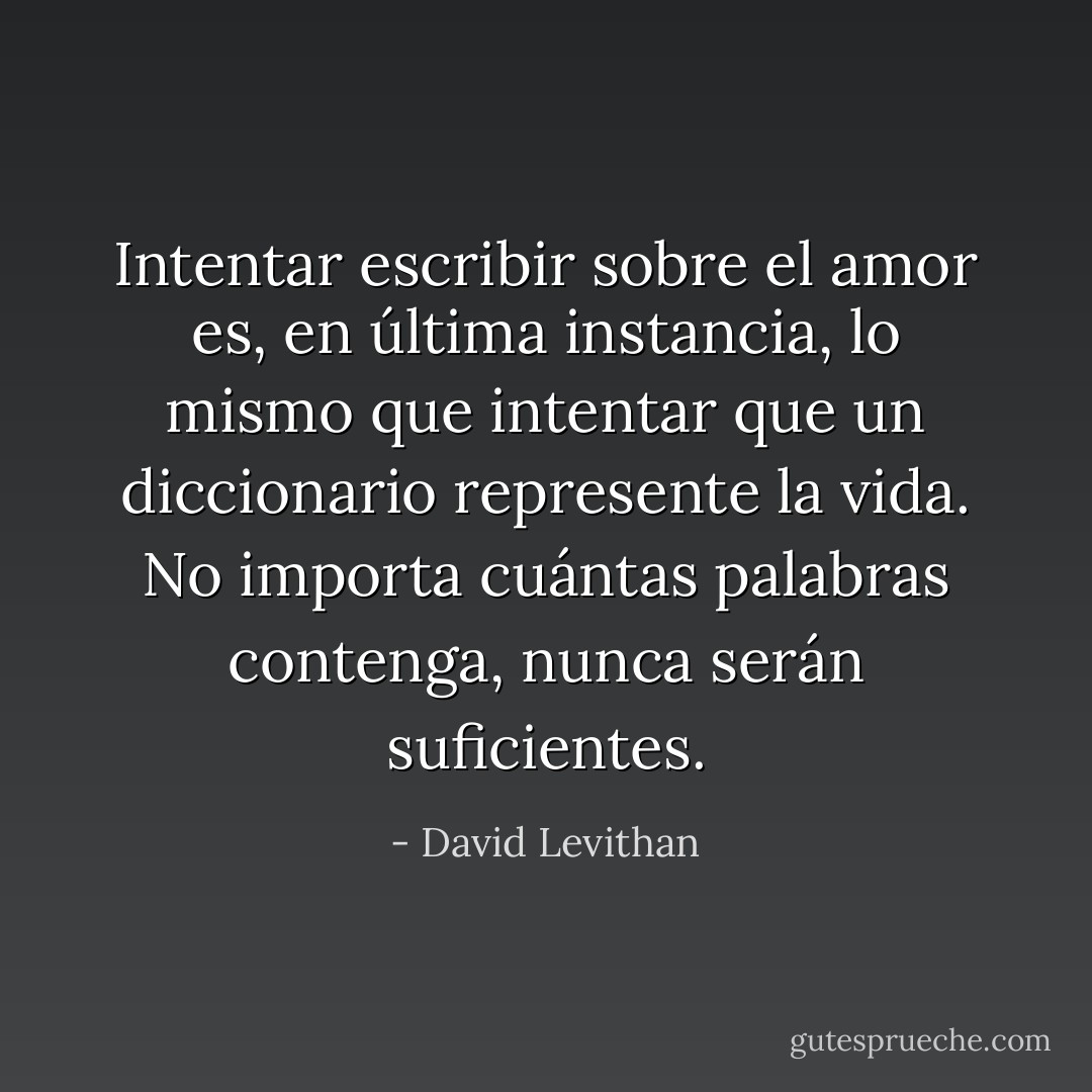 Intentar escribir sobre el amor es, en última instancia, lo mismo que intentar que un diccionario represente la vida. No importa cuántas palabras contenga, nunca serán suficientes. - David Levithan