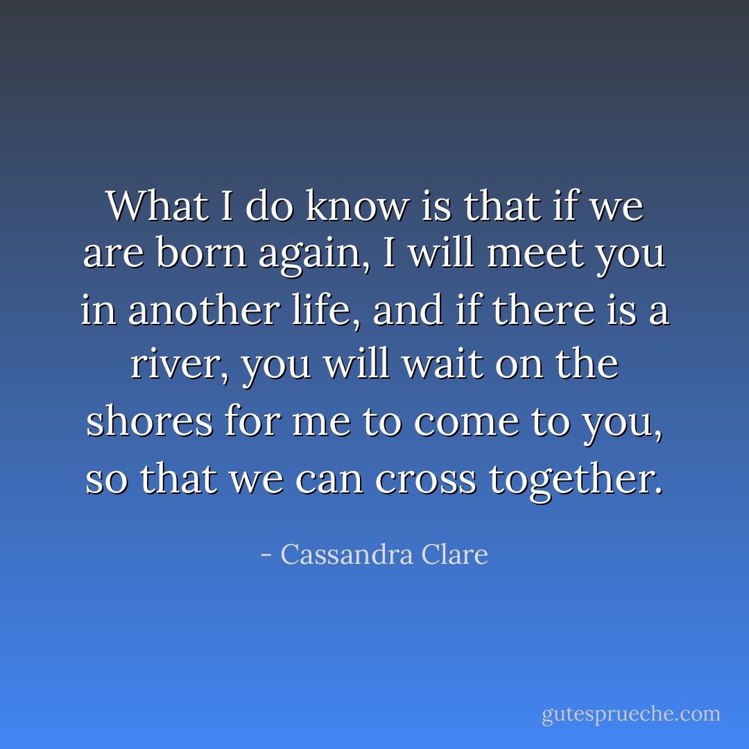 What I do know is that if we are born again, I will meet you in another life, and if there is a river, you will wait on the shores for me to come to you, so that we can cross together. - Cassandra Clare