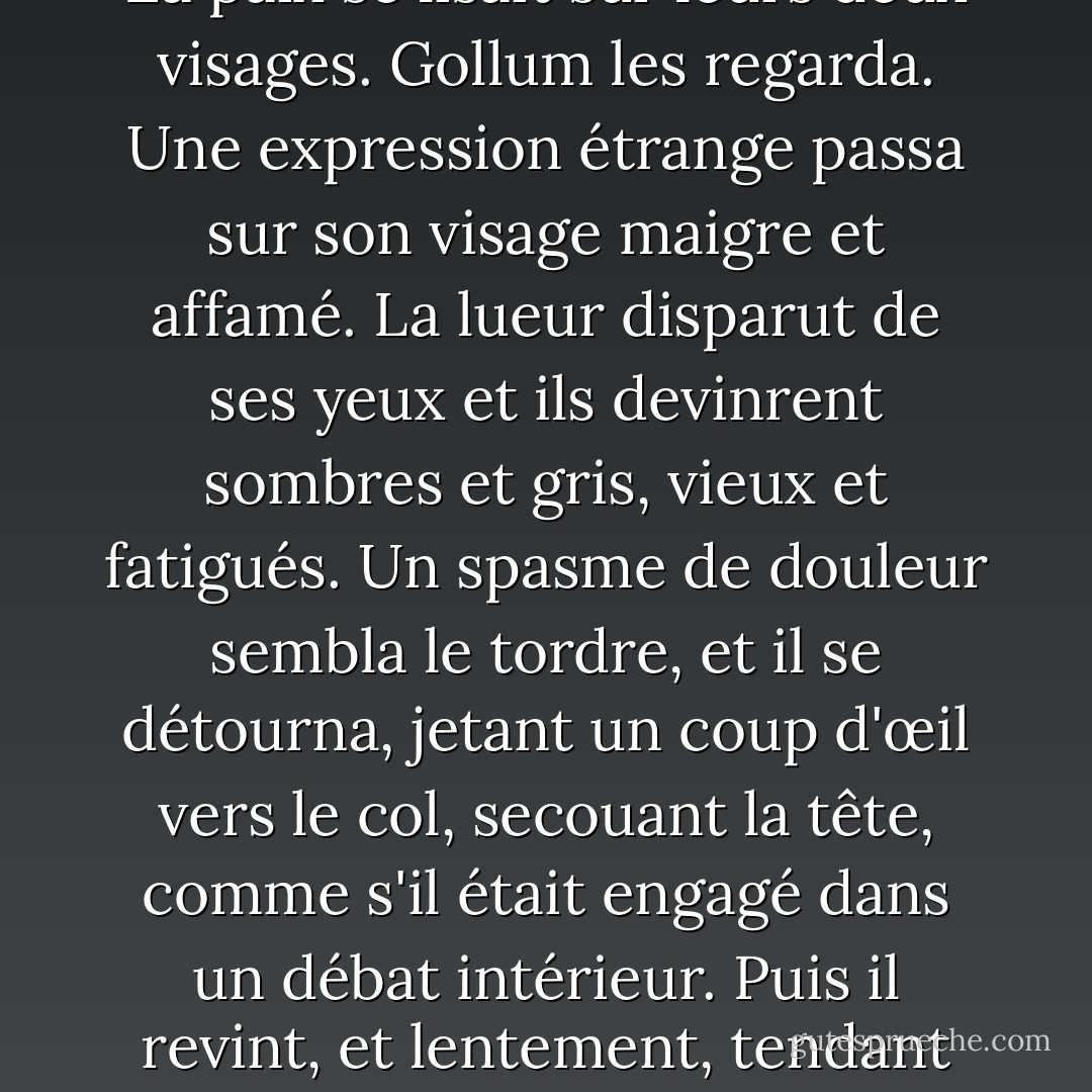 C'est ainsi que Gollum les trouva des heures plus tard, lorsqu'il revint, rampant et se traînant sur le sentier pour sortir de l'obscurité. Sam était assis contre la pierre, la tête penchée sur le côté et la respiration lourde. Sur ses genoux reposait la tête de Frodon, noyée dans le sommeil ; sur son front blanc reposait une des mains brunes de Sam, et l'autre reposait doucement sur la poitrine de son maître. La paix se lisait sur leurs deux visages.<br />Gollum les regarda. Une expression étrange passa sur son visage maigre et affamé. La lueur disparut de ses yeux et ils devinrent sombres et gris, vieux et fatigués. Un spasme de douleur sembla le tordre, et il se détourna, jetant un coup d'œil vers le col, secouant la tête, comme s'il était engagé dans un débat intérieur. Puis il revint, et lentement, tendant une main tremblante, il toucha très prudemment le genou de Frodon - mais ce contact fut presque une caresse. L'espace d'un instant, si l'un des dormeurs l'avait vu, il aurait cru voir un vieux hobbit fatigué, rapetissé par les années qui l'avaient emporté bien au-delà de son temps, de ses amis et de ses parents, des champs et des ruisseaux de la jeunesse, une vieille chose affamée et pitoyable. - J.R.R. Tolkien