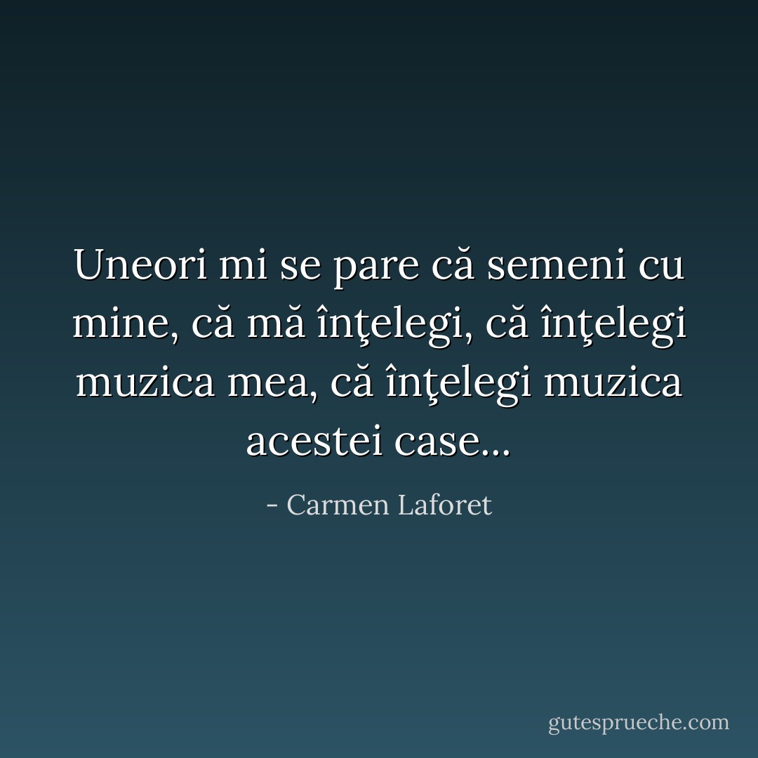 Uneori mi se pare că semeni cu mine, că mă înţelegi, că înţelegi muzica mea, că înţelegi muzica acestei case... - Carmen Laforet