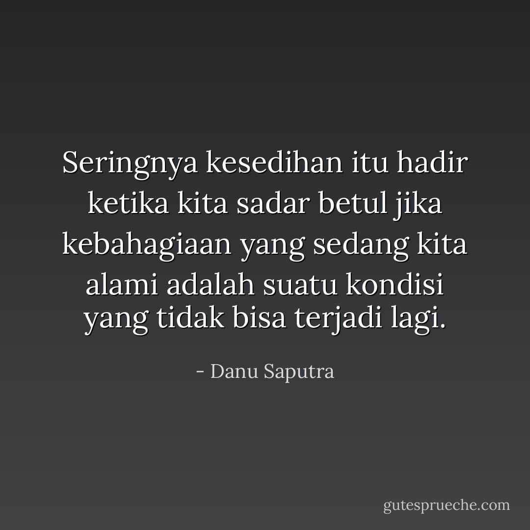 Seringnya kesedihan itu hadir ketika kita sadar betul jika kebahagiaan yang sedang kita alami adalah suatu kondisi yang tidak bisa terjadi lagi. - Danu Saputra