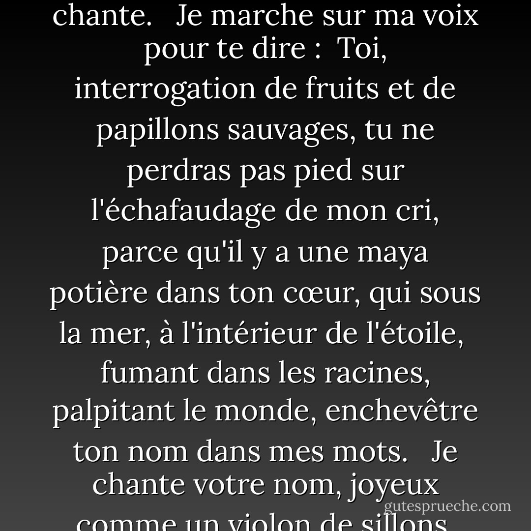 Pour que les pas ne me pleurent pas, <br />pour que les mots ne me saignent pas : <br />je chante. <br /><br />Pour le visage frontalier de votre âme <br />qui est né entre mes mains : <br />Je chante. <br /><br />Pour dire que tu m'es devenue claire <br />dans les os les plus amers de la voix : <br />chanson. <br /><br />Pour que personne ne dise : ma terre, <br />avec toute la décision de la nostalgie : <br />je chante. <br /><br />Pour ce qui ne doit pas mourir, ton peuple :<br />je chante. <br /><br />Je marche sur ma voix pour te dire : <br />Toi, interrogation de fruits et de papillons sauvages, tu ne perdras pas pied sur l'échafaudage de mon cri, parce qu'il y a une maya potière dans ton cœur, qui sous la mer, à l'intérieur de l'étoile, <br />fumant dans les racines, palpitant le monde, enchevêtre ton nom dans mes mots. <br /><br />Je chante votre nom, joyeux comme un violon de sillons, parce qu'il vient à la rencontre de ma douleur humaine. <br /><br />Tu me cherches de l'étreinte de la mer à l'étreinte du vent pour m'ordonner de ne pas tolérer le crépuscule dans ma bouche. <br /><br />Il m'accompagne avec émotion le sacrifice d'être un homme, pour que je ne descende jamais à l'endroit où est née la trahison <br />de l'infâme qui a attaché ton cœur aux ténèbres, en te reniant ! - Otto René Castillo