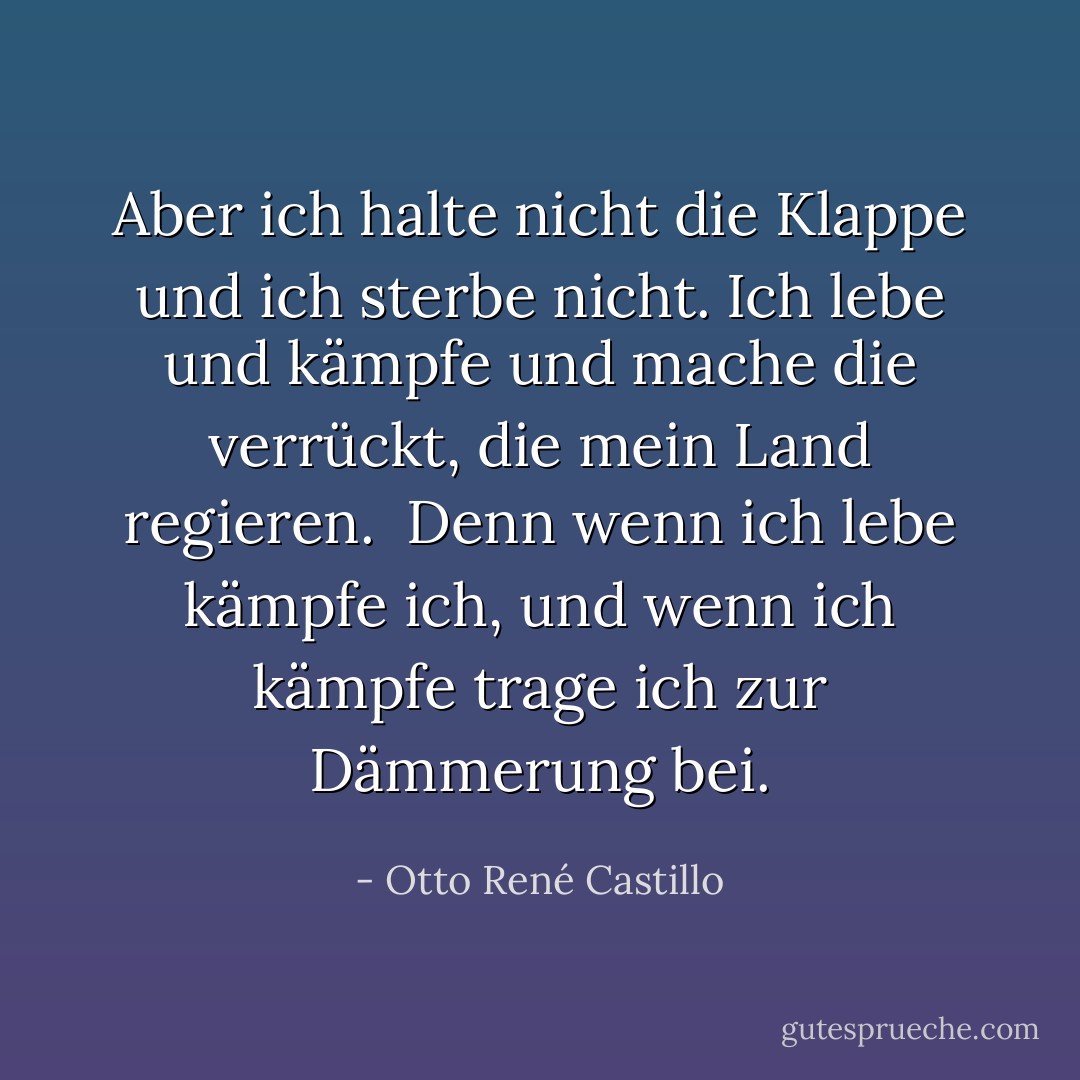 Aber ich halte nicht die Klappe und ich sterbe nicht.<br />Ich lebe<br />und kämpfe und mache<br />die verrückt, die mein Land regieren.<br /><br />Denn wenn ich lebe<br />kämpfe ich,<br />und wenn ich kämpfe<br />trage ich zur Dämmerung bei. - Otto René Castillo<