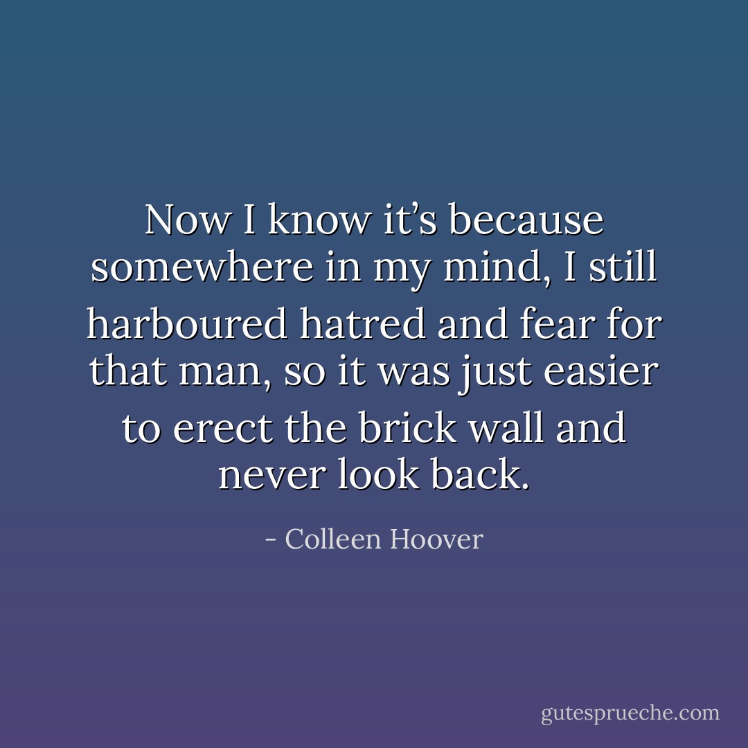 Now I know it’s because somewhere in my mind, I still harboured hatred and fear for that man, so it was just easier to erect the brick wall and never look back. - Colleen Hoover