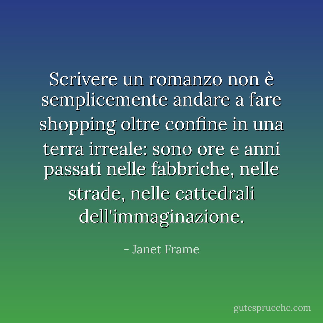 Scrivere un romanzo non è semplicemente andare a fare shopping oltre confine in una terra irreale: sono ore e anni passati nelle fabbriche, nelle strade, nelle cattedrali dell'immaginazione. - Janet Frame