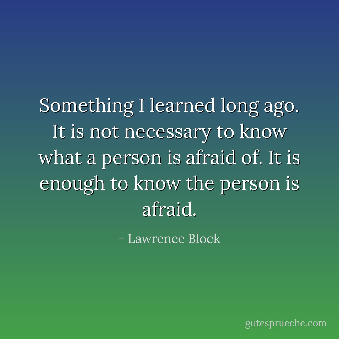 Something I learned long ago. It is not necessary to know what a person is afraid of. It is enough to know the person is afraid. - Lawrence Block