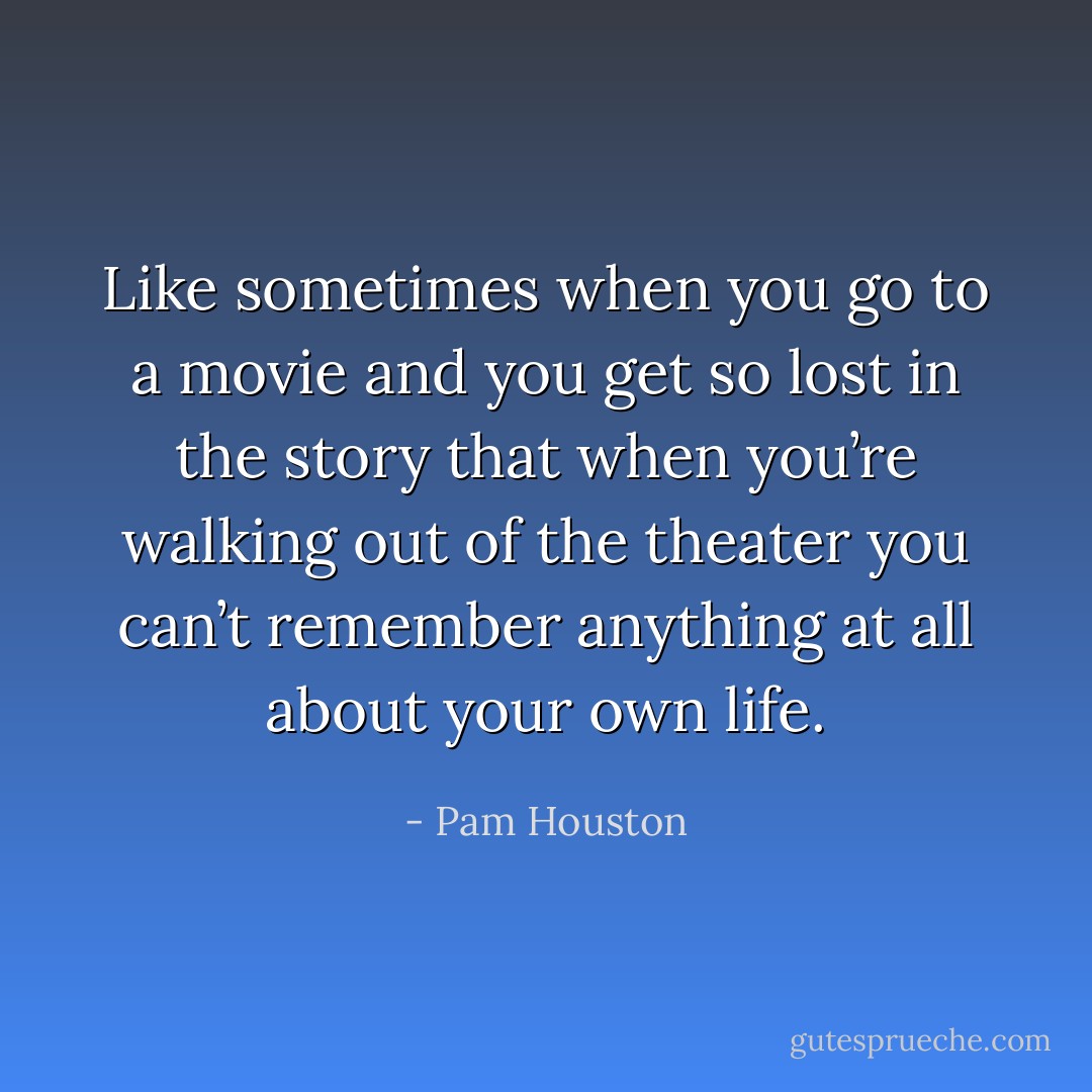 Like sometimes when you go to a movie and you get so lost in the story that when you’re walking out of the theater you can’t remember anything at all about your own life. - Pam Houston