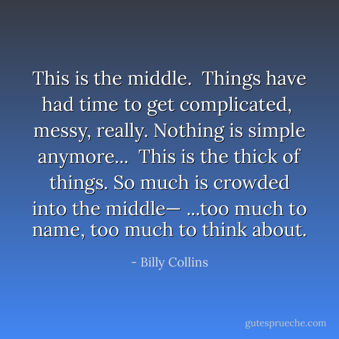 This is the middle. <br />Things have had time to get complicated, <br />messy, really. Nothing is simple anymore... <br />This is the thick of things.<br />So much is crowded into the middle—<br />...too much to name, too much to think about. - Billy Collins