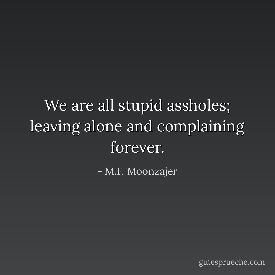 We are all stupid assholes; leaving alone and complaining forever. - M.F. Moonzajer