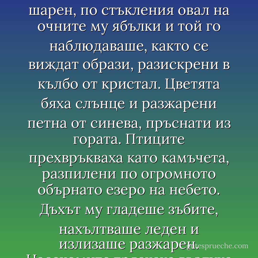 ...И всяко нещо си беше на мястото.<br />Светът, като грамаден ирис на едно още по-гигантско око, отворило се също току-що, за да огледа всичко, го наблюдаваше втренчено.<br />И той разбра какво е било онова, което се бе хвърлило отгоре му, за да остане с него — и вече нямаше да му избяга.<br />Та аз съм бил жив! — възкликна Дъглас.<br />Пръстите му трепнаха, обагрени от кръв, като трофей от непознато знаме, забелязано едва сега, до този миг невидяно, а той се питаше на коя страна воюва и каква клетва е дал. Прегърнал Том, но без да осъзнава, че го държи, той допря свободната си ръка до тази кръв, сякаш кръвта би могла да се откърти, да се вземе на длан, да се оглежда от всички страни. След туй пусна Том и остана да лежи по гръб, с ръка протегната към небето, стана само глава, от която очите се взираха като стражи през бойниците на неизвестен замък в един мост — ръката му, и в пръстите, където яркият кървав вимпел трептеше на светлината...<br />Тревата шептеше под тялото му. Той отпусна ръка и усети мъхестата ножница на власинките по тревата, усети как далече някъде, чак долу, пръстите пропукват в обувките му. Вятърът въздъхна край ушите му. Светът се плъзгаше, ярък и шарен, по стъкления овал на очните му ябълки и той го наблюдаваше, както се виждат образи, разискрени в кълбо от кристал. Цветята бяха слънце и разжарени петна от синева, пръснати из гората. Птиците прехвръкваха като камъчета, разпилени по огромното обърнато езеро на небето. Дъхът му гладеше зъбите, нахълтваше леден и излизаше разжарен. Насекомите тряскаха въздуха с електрическа яркост. Десет хиляди отделни косъма пораснаха с една милионна от инча на главата му. Чуваше ритъма на сърцата-близнаци в ушите си, третото сърце туптеше в гърлото му, двете сърца пулсираха в китките му, истинското сърце блъскаше в гърдите му. Милионите пори по тялото му се разтвориха.<br />Наистина съм жив! — помисли си Дъглас. — Досега не съм го знаел, или съм го бил забравил!<br />Извика това гръмко, но безмълвно, поне десетина пъти! Гледай, гледай! Вече дванайсетгодишен и чак сега! Чак сега да открие този безценен часомер, този светлозлатен часовник, с гаранция за седемдесет години, оставен под дървото и намерен по време на боричкането.<br />— Том! — викна той, а сетне прошепна: — Том… всички ли на този свят… всички ли знаят, че са живи?<br />— Сигурно. Да, дявол да го вземе!<br />— Дано да знаят — промълви Дъглас. — О, дано да го знаят...<br />Искам да почувствам всичко, което може да се чувства, казваше си той. Нека да се уморя, оставете ме да се изморя. Не бива да забравям, аз съм жив, зная че съм жив, не бива да забравям това нито тази вечер, нито утре, нито пък в други ден... - Ray Bradbury