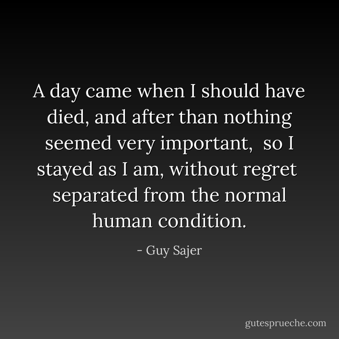 A day came when I should have died,<br />and after than nothing seemed very important, <br />so I stayed as I am, without regret <br />separated from the normal human condition. - Guy Sajer
